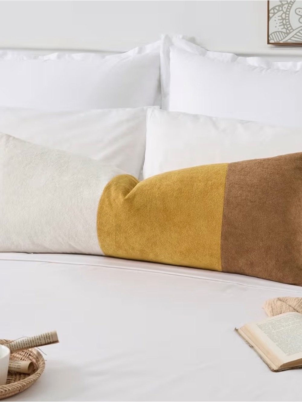 Colorblock Bolster Pillow Cover- Cream, Mustard & Brown